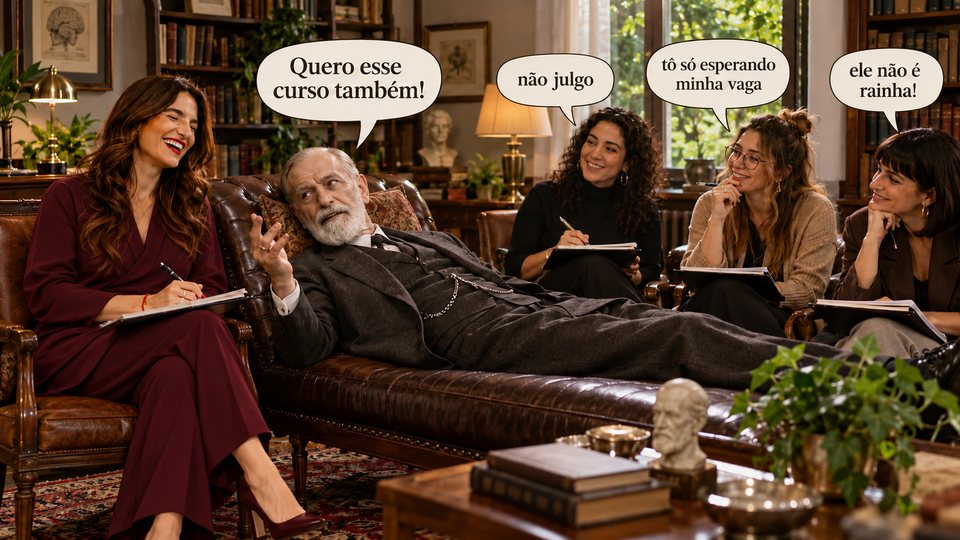 Freud deitado no divã num consultório antigo, com Ana Lisboa de conjunto bordô rindo ao lado e três alunas tomando notas. Freud diz “Quero esse curso também!”; as alunas: “não julgo”, “tô só esperando minha vaga” e “ele não é rainha!”